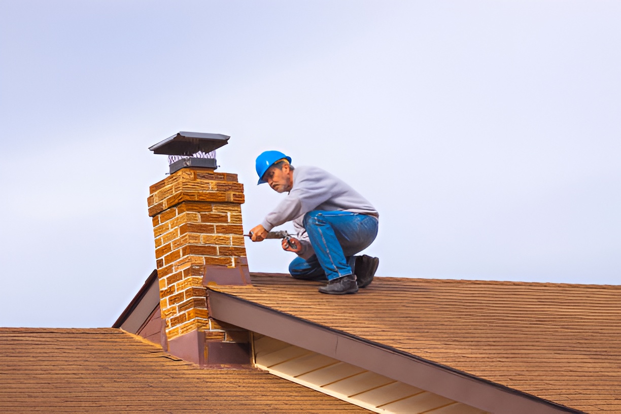 man wearing a blue hard hat repairing a chimney