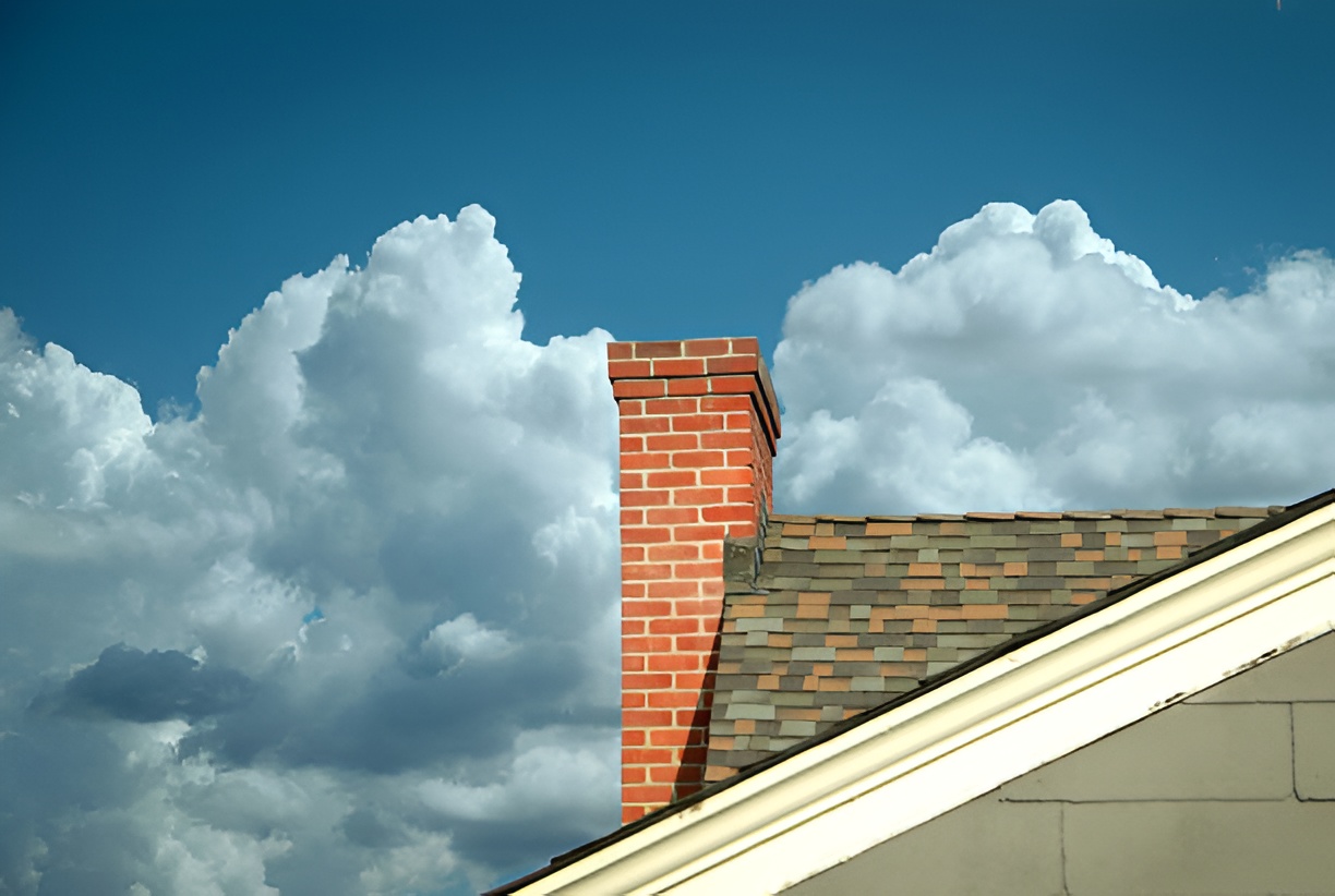 close-up of a brick chimney under dark skies